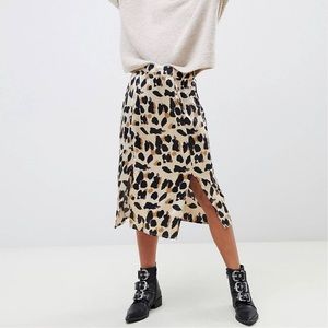 satin leopard midi skirt with slit
